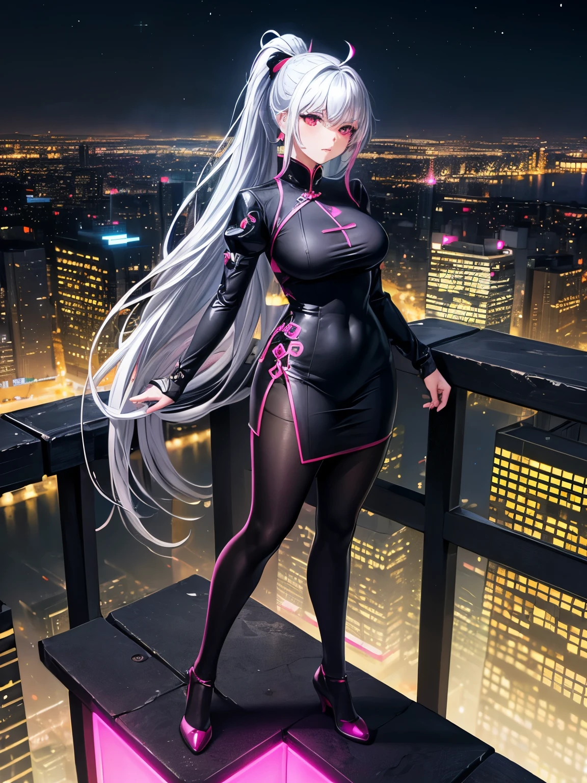 anime, (artwork, best quality, ultra-detailed, high contrast), 1 woman (Alone, full body, plus size body, standing on the edge of the skyscraper, silver hair, LONG In a ponytail, red eyes, perfect eyes ruby sparkles, (simple black qipao, black cybernetics with neon pink), transparent black socks), (skyscraper roof, overlooking a city, detailed background ((night time, Darkness, low light pollution)))