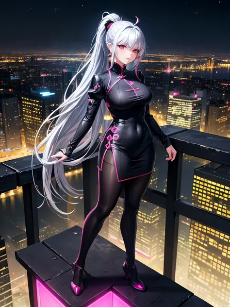 anime, (artwork, best quality, ultra-detailed, high contrast), 1 woman (Alone, full body, plus size body, standing on the edge o...