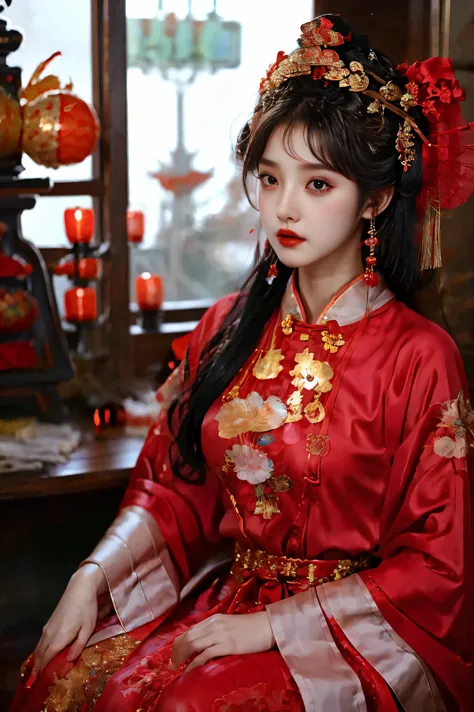 1girl，20 years old，center，Black long hair，Red lips，Perfect thighs，Chinese Queen，Gold embroidery clothing，Red cheongsam，Lace，Red ...