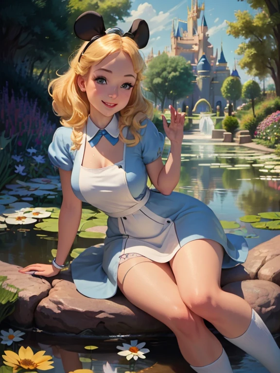 (masterpiece), (best quality), (extremely detailed), alice liddell, blue dress, white apron, black hairband, white long socks, cute pose, in a flower garden, (pond), (((disney castle at the background))), (blue sky), (sunny day), 3d. Illustration, Good Highlights, Perfect Proportions, dynamic, Professional, Award winning, (high detailed skin), (high detailed face), photorealistic, HDR, ultra highres, absurdres, perfect body shape, cute smiling, realistic figure, sexy posing, teaser lying down, perfect breast, bunny, cute little animal