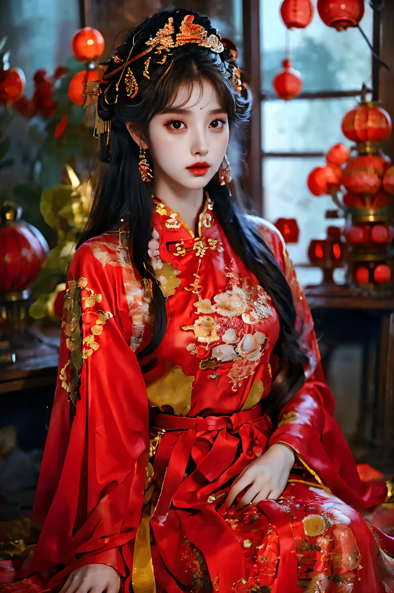 1girl，20 years old，center，Black long hair，Red lips，Perfect thighs，Chinese Queen，Gold embroidery clothing，Red cheongsam，Lace，Red cape，(Look into the camera:1.5)，stand up，night，Wooden pavilion，Chinese Palace，Front view，curls，Hair flying，Gloomy sky, beautiful right eye pupil，(Very delicate and beautiful Korean female facial features)，(Beautiful and detailed description of eyes) ，masterpiece，High detail CG Unity 8k wallpaper，Best picture quality，Movie Lighting，Detailed background