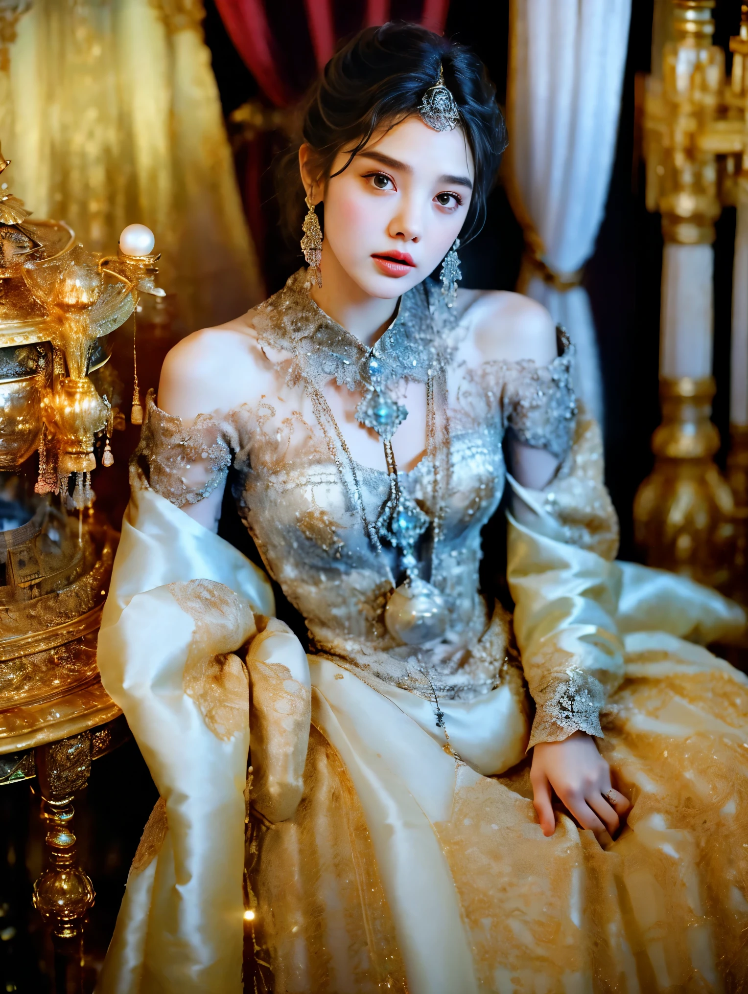 (Filigree:1.3)，(Steampunk:1.4)，1 young girl，DetailBeautiful skin，Face focus，detailed eyes，Upper Body，Anger，Satire，Akimbo，blaming，Anger，frown，indifferent，arrogant，detailed ruffles，(super hero)，Wet lips，gorgeous accessories，gorgeous accessories，Silver冠，gorgeous bracelet，gorgeous ring，PRİNCESS，Fantasy World，palace，whole body，((miranda kerr, GAL GADOT, kendell jenner, lalisa manobal, Charlize Theron, Dakota Johnson, Emma Watson  face))，(diamond exceeds:1.4)，diamond，Red gem，Tattoo below belly button，prestige，gorgeous，luxury，Royal Palace，Jewelry，gem，Money，Silver，diamond，flash，Blue gem，Red gem，Emerald，pearl，amber，obsidian，Nipple stickers，Tattoo，Orange Eyes，(Pelvic Curtain:1.5)，Aperture 1.4，(Length Depth:1.4), masterpiece，Best quality，detailed