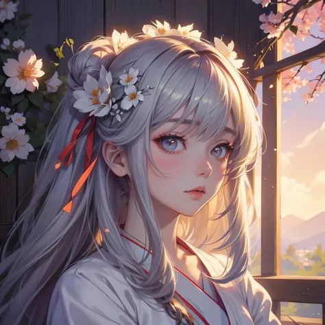 anime girl with a flower in her hair and a white dress, artwork in the style of guweiz, guweiz, beautiful anime portrait, detailed portrait of anime girl, kawaii realistic portrait, stunning anime face portrait, cute anime girl portrait, portrait of an ani...