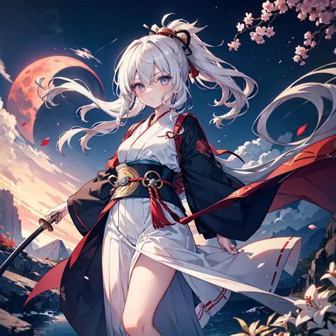 ,girl,Best image quality,,Iron-colored hair,Iron-colored eyes,,White skin,Long Hair,ponytail,Gardenia,Red Moon,warrior,Two sword...