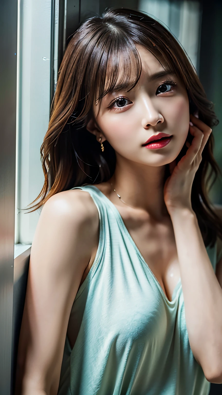 ((highest quality、masterpiece、8K、Realistic、Ultra-high resolution、Very delicate and beautiful、HDR、Cinematic Lighting))、Mid-shot、portrait、Perfect female body、Beautiful woman、Mature Woman、Contrapposto、Put your head in your hands、Gazing at the viewer、Cheerful、(Casual Fashion)