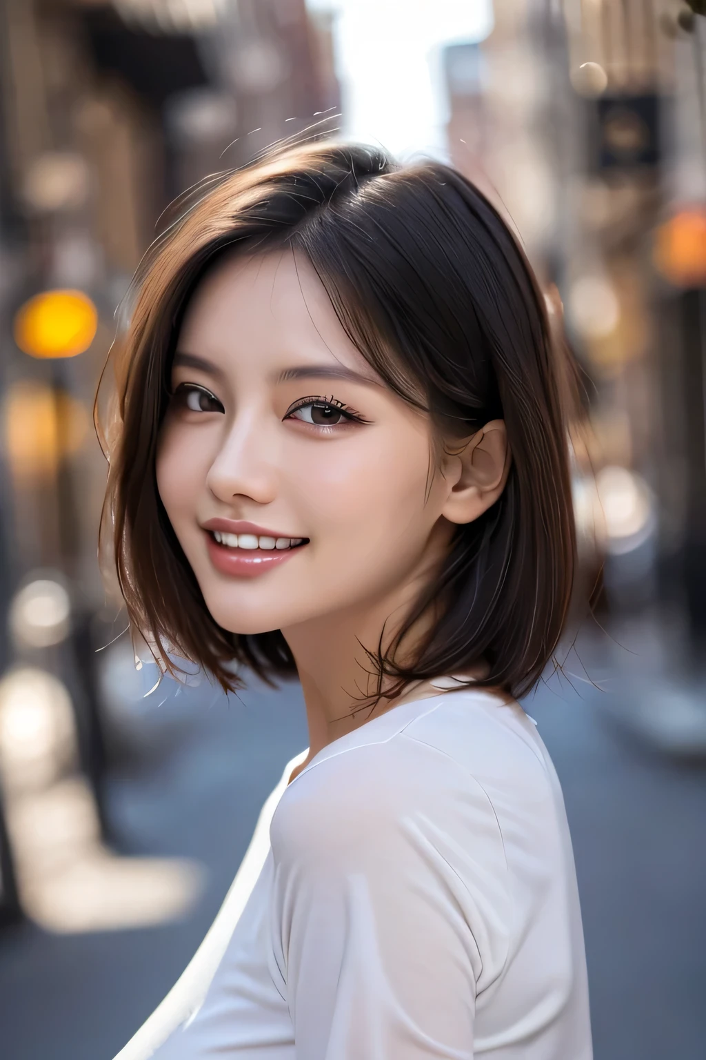 (8k, RAW Photos, highest quality, masterpiece, Realistic, Realistic), (1 female), (Ultimate beauty), Highly detailed face, (Perfect Teeth), Beautiful Eyes, double eyelid, eyelash, smile, Lip details, (Neat brunette bob), The light shines on your face, Big Breasts, ((Colorful mini dresses)), (Front view), (background: none),  Background blur