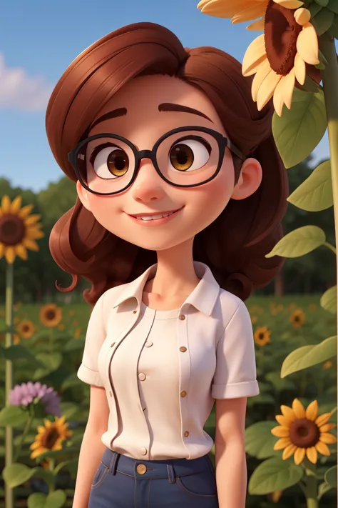 una mujer joven sola, con el peo suelto color cobrizo, brown eyes and glasses ,sosteniendo unos girasoles