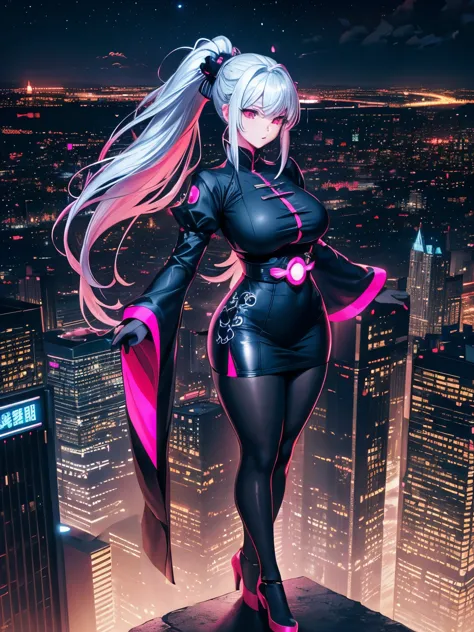 anime, (artwork, best quality, ultra-detailed, high contrast), 1 woman (Alone, full body, plus size body, standing on the edge o...