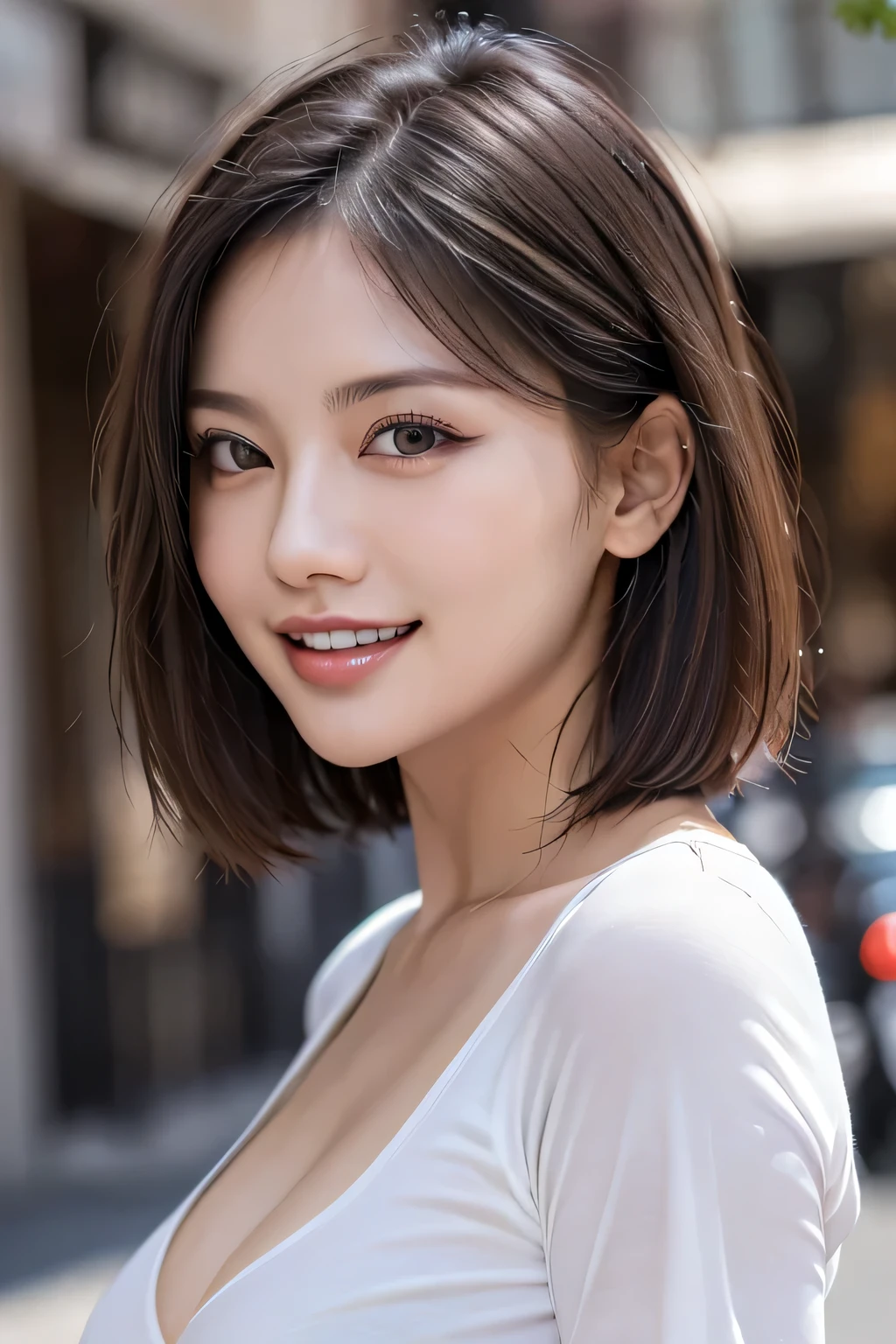 (8k, RAW Photos, highest quality, masterpiece, Realistic, Realistic), (1 female), (Ultimate beauty), Highly detailed face, (Perfect Teeth), Beautiful Eyes, double eyelid, eyelash, smile, Lip details, (Neat brunette bob), The light shines on your face, Big Breasts, ((Colorful mini dresses)), (Front view), (background: none),  Background blur