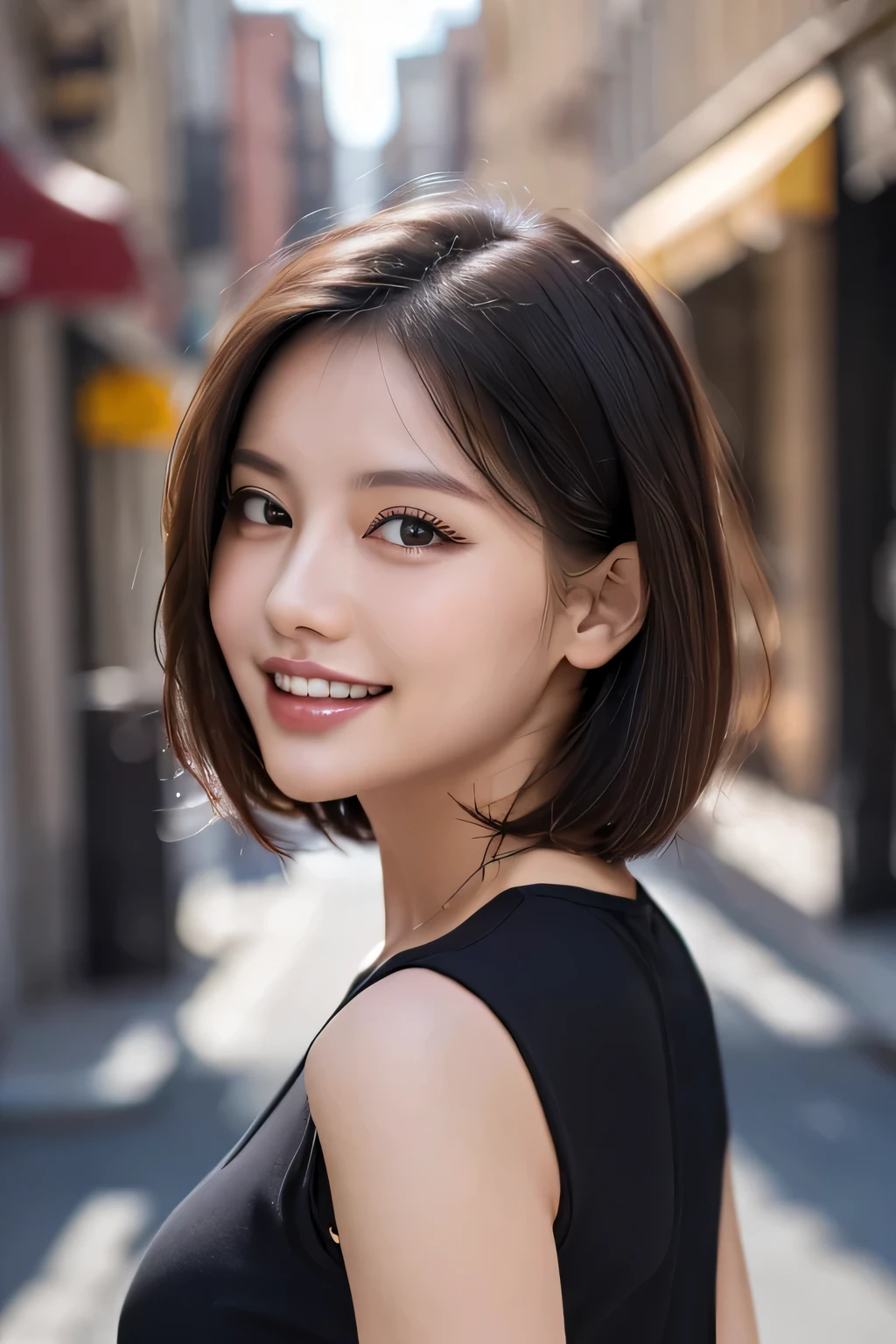 (8k, RAW Photos, highest quality, masterpiece, Realistic, Realistic), (1 female), (Ultimate beauty), Highly detailed face, (Perfect Teeth), Beautiful Eyes, double eyelid, eyelash, smile, Lip details, (Neat brunette bob), The light shines on your face, Big Breasts, ((Colorful mini dresses)), (Front view), (background: none),  Background blur