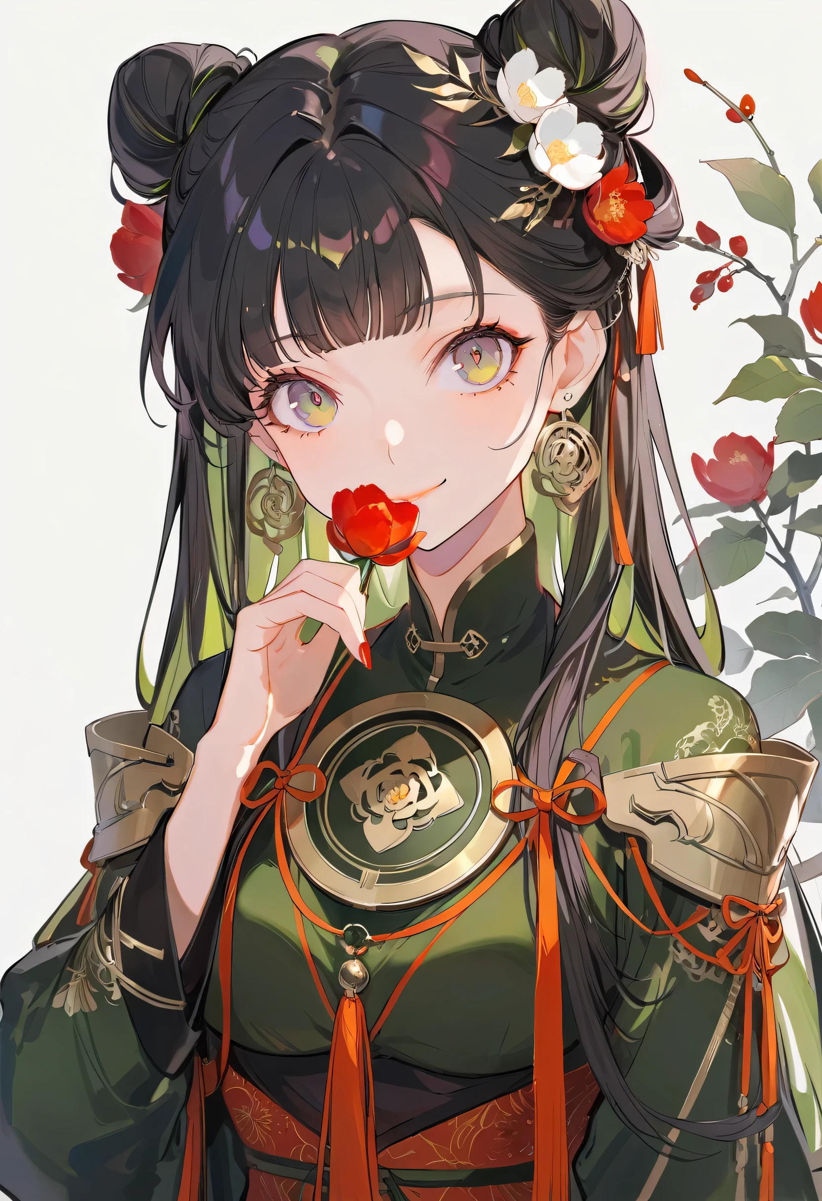 1 Girl, armor, Black_hair, Blur of, Blur of_background, Blur of_prospect, breast, Blue_Eye, closure_Mouth, depth_of_site, earrings, jewelry, 长of_hair, Watching_exist_Viewer, Smile, Unique, superior_Body