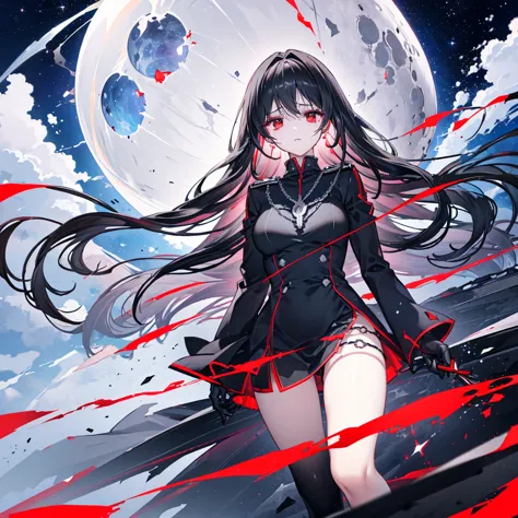 ((Fantasy　Black Hair　Long Hair　Dull red eyes　Hold the knife　uniform　Lonely　despair))　((necklace　Tears　gloves))　(Parting the Clou...