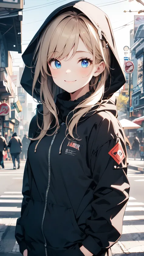 ​masterpiece, top-quality, 1girl, long blonde hair with bangs, solo, natta, Colorful, Cityscape, I'm wearing a hood.,cyberpunked...