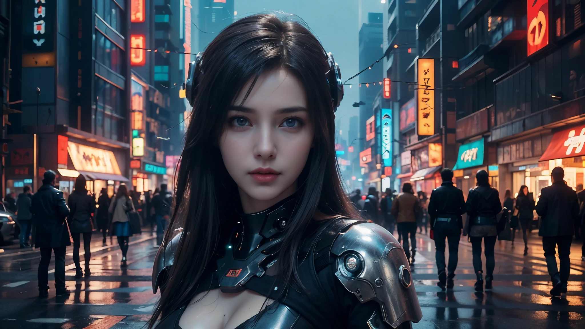 chef-d&#39;œuvre,Meilleure qualité,haute résolution,8k,(Portrait photos:1.5),(R Photo originale),image réelle,la photographie numérique,(Une fusion de cyberpunk et de fantasy),fille de 20 ans,N&#39;hésitez pas à vous coiffer，yeux violets，Par frange,(seins moyens, Accessoires,Ferme ta bouche,élégant et charmant,Sérieux et arrogant,Calme et beau,Combinaison de vêtements de style cyberpunk et fantastique,Conception de sculpture creuse,gros seins，Armure combinée,poses de photos,style réaliste,texture de réflexion de rendu oc，sentinelle，Ville du futur de style cyberpunk，nuit，rues animées，Photographie à moyenne distance