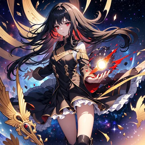 ((Fantasy　Black Hair　Long Hair　Dull red eyes　Have a galaxy　uniform　Lonely　despair))　((Tears　gloves))　(Broken glass　Distorted Spa...