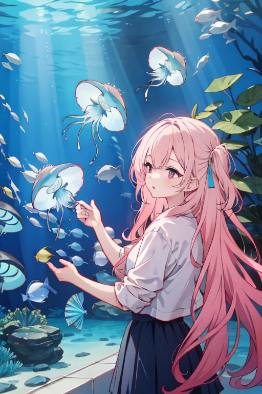 jellyfish、光るjellyfish、Aquarium、Tropical fish、colorfulな魚、girl、In the water、Spreading hair、Aquarium、Light pink transparent hair color、Gradient Hair、colorful、Beautiful colors、Neon color、Rainbow-colored