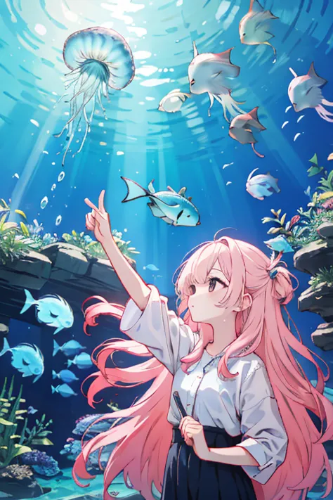 jellyfish、光るjellyfish、aquarium、tropical fish、colorfulな魚、girl、in the water、spreading hair、aquarium、light pink transparent hair co...