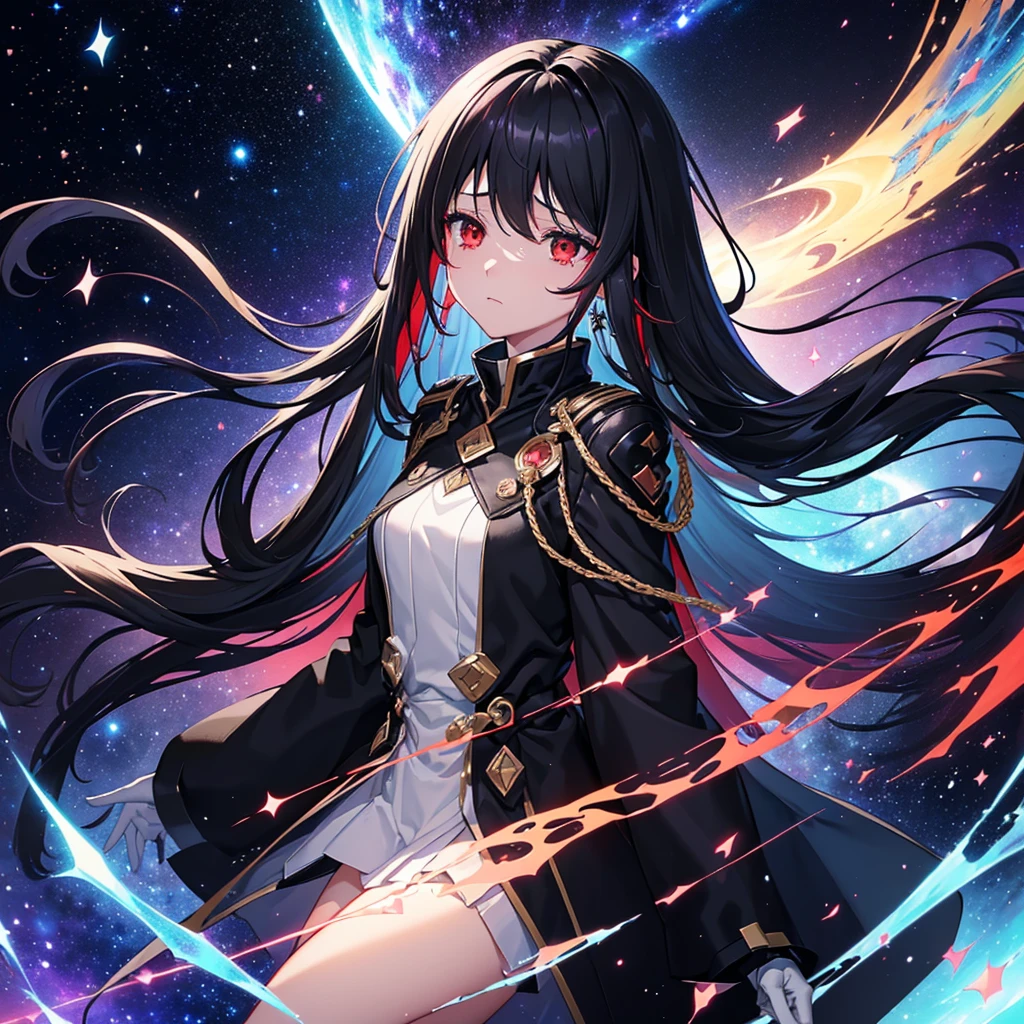((Fantasy　Black Hair　Long Hair　Dull red eyes　Have a galaxy　uniform　Put on a coat without putting your arms through it　Lonely　despair))　((Tears　gloves))　(Broken glass　Distorted Space-Time　star　moon)　Catch the wind　fall　Shining Background　Particles of light, shining edges