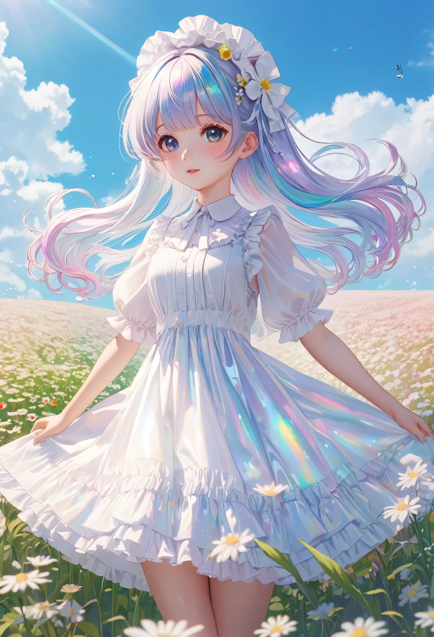 Holographic hair and white lolita dress、Flower Field、Kindergarteners、Small breasts、highest quality, masterpiece, Highest quality, High resolution, 8k, 超A high resolution, (Photorealistic:1.4), Put your arms behind your back, Hide your arms behind your back,