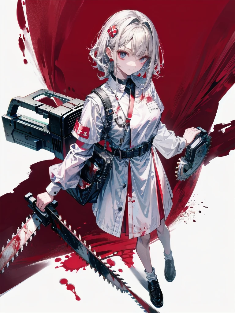 ((blood)), ((blood splatter)), ((blood on clothes)), ((blood stain)), hospital, ((nurse uniform)), ((holding chainsaw)), absurdres, RAW photo, extremely delicate and beautiful, masterpiece, Best Quality, ultra high resolution, 32k, hyperrealistic, ultra-detailed, detailed description, pale skin, 20 years old, tearful mole, earring, Colossal tits, short medium hair, wavy hair, evil grin, full body shot,