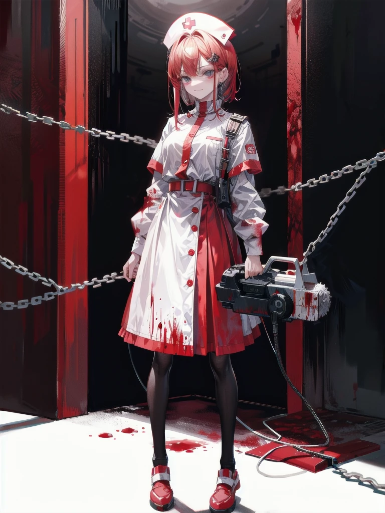 ((blood)), ((blood splatter)), ((blood on clothes)), ((blood stain)), hospital, ((nurse uniform)), ((holding chainsaw)), absurdres, RAW photo, extremely delicate and beautiful, masterpiece, Best Quality, ultra high resolution, 32k, hyperrealistic, ultra-detailed, detailed description, pale skin, 20 years old, tearful mole, earring, Colossal tits, short medium hair, wavy hair, evil grin, full body shot,