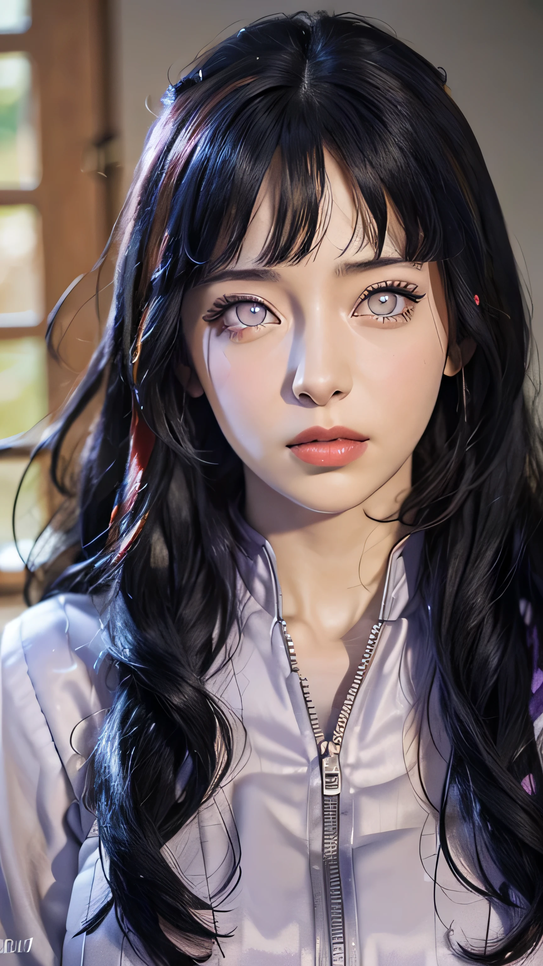 (best quality,4k,8k,highres,masterpiece:1.2),ultra-detailed,(realistic,photorealistic,photo-realistic:1.4), 1girl,20 years old, hyuga hinata in anime naruto shippuden,Straight. Long. Unattached.long hair with bang , wet hair,black hair,white eyes, purple light pupils, beautiful detailed eyes, realistic eyes,realistic skin,beautiful detailed lips, beautiful detailed face, big breast, purple clothes, indoor background, red lips, perfect colors, sharp focus, portraits, perfect lighting, full body