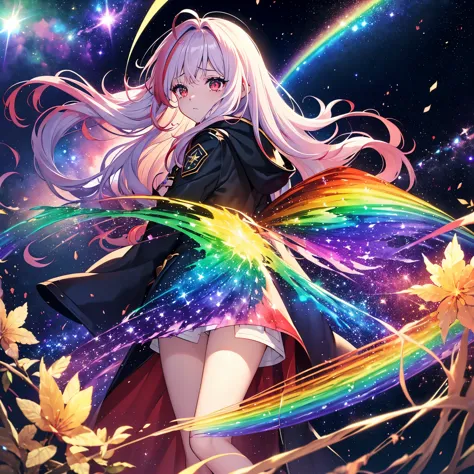 ((Fantasy　Rainbow Hair　Long Hair　Dull red eyes　Have a galaxy　uniform　Put on a coat without putting your arms through it　Lonely　d...