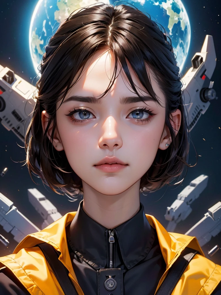 Top quality、Ultra-high resolution、dramatic action、A science fiction movie、Adventure stories、Anti-government organizations、、and、Adult women, 25 years old、face lamp、high brightness、Brown Eyed、Dark-haired、Short Bob Hairstyle、military uniform、详细的military uniform、Serious face、Sharp eyes、True face resolution、Realist、Parsing Objects、Background is battlefield、Spaceship in the sky、Bullets flying