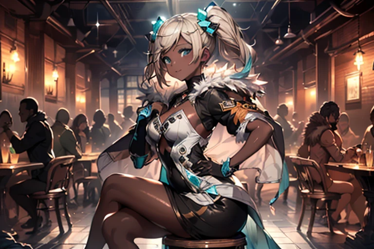 Iooiklas,Platinum Blonde Hair,Twin tails, hair ornaments, White Dress, Black knee socks, 
Removable sleeves,Complex eyes,Beautiful fine details,Symmetrical eyes,Big eyes:1.5,Seductive eyes, 
(((dark skin,dark_skin,lustrous skin:1.5,bright skin: 1.5,
skin tanned,shiny skin,very shiny skin,Shiny body,plastic glitter 
skin,exaggerated shiny skin,illuminated skin))),
(,Detailed body,(Detailed face)), cute,Lewd,erotic,Bold,Camel toe revealing outfit,show skin,(((Sexy aqua fur coat, Aqua fur coat outfit,
 wearing a Ice Dress:1.3,aqua 冬 coat))), ((Ice Dress,elegant Ice Dress)),
(White gloves,White clothes,(((Complex outfit,Complicated clothes,Embroidered costume,Glamorous costumes,Embroidered clothes,
Glamorous clothing))),skinsuit, Bodysuits, pantyhose,
High resolution,Sharp focus,(Super detailed,Very detailed),(Very detailed CG unity 8k wallpaper),
(((Vibrant colors))),汗をかいたskin,night,　Spotlight,smile,
Open your mouth,medieval tavern,Place your knees on the chair,Side view,Hands on hips,