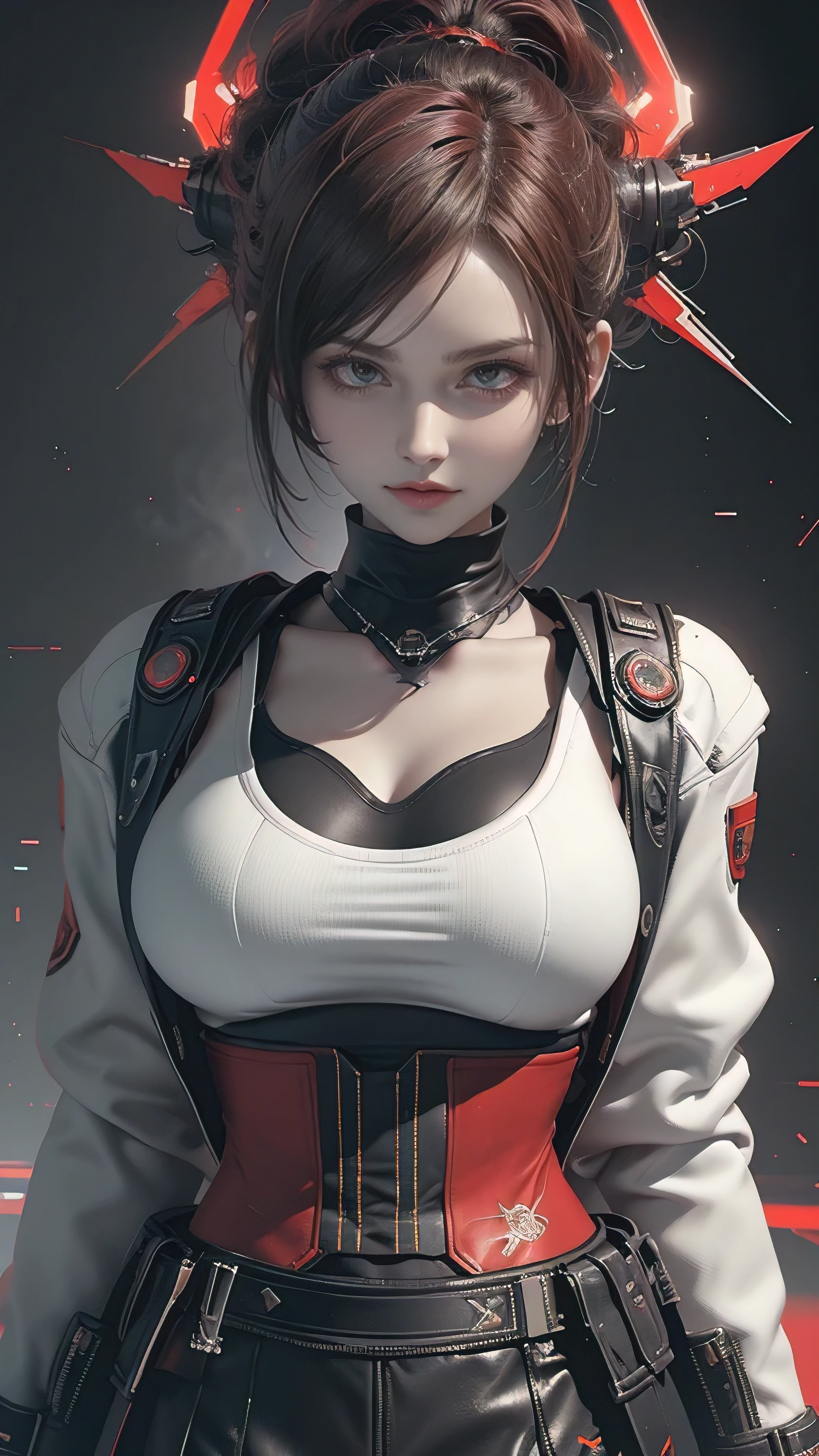 Game Art，Best picture quality，Maximum resolution，8k，(A bust photo)，(portrait)，(Head close-up:1.5)，(Rule of Thirds)，Unreal Engine 5 rendering works， (Future Girl)，(Female Warrior)， 22-year-old young hacker)，(White and red gradient，Oriental hairstyle)，((Red pupils:1.3))，(Beautiful eyes full of details)，(Large Breasts)，(Eyeshadow)，Elegant and charming，indifferent，((anger))，(Futuristic cyberpunk jacket，Combined Armor，There are exquisite Chinese patterns on the clothes，The sparkle of jewelry)，Cyberpunk Characters，Future Style， Photo poses，City background，Movie Lighting，Ray Tracing，Game CG，((3D Unreal Engine))，oc rendering reflection pattern