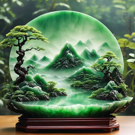 best quality, very good, 16K, ridiculous, Extremely detailed, Gorgeous mountain，Made of translucent jadeite, Background grasslan...