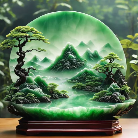 best quality, very good, 16k, ridiculous, extremely detailed, gorgeous mountain，made of translucent jadeite, background grasslan...