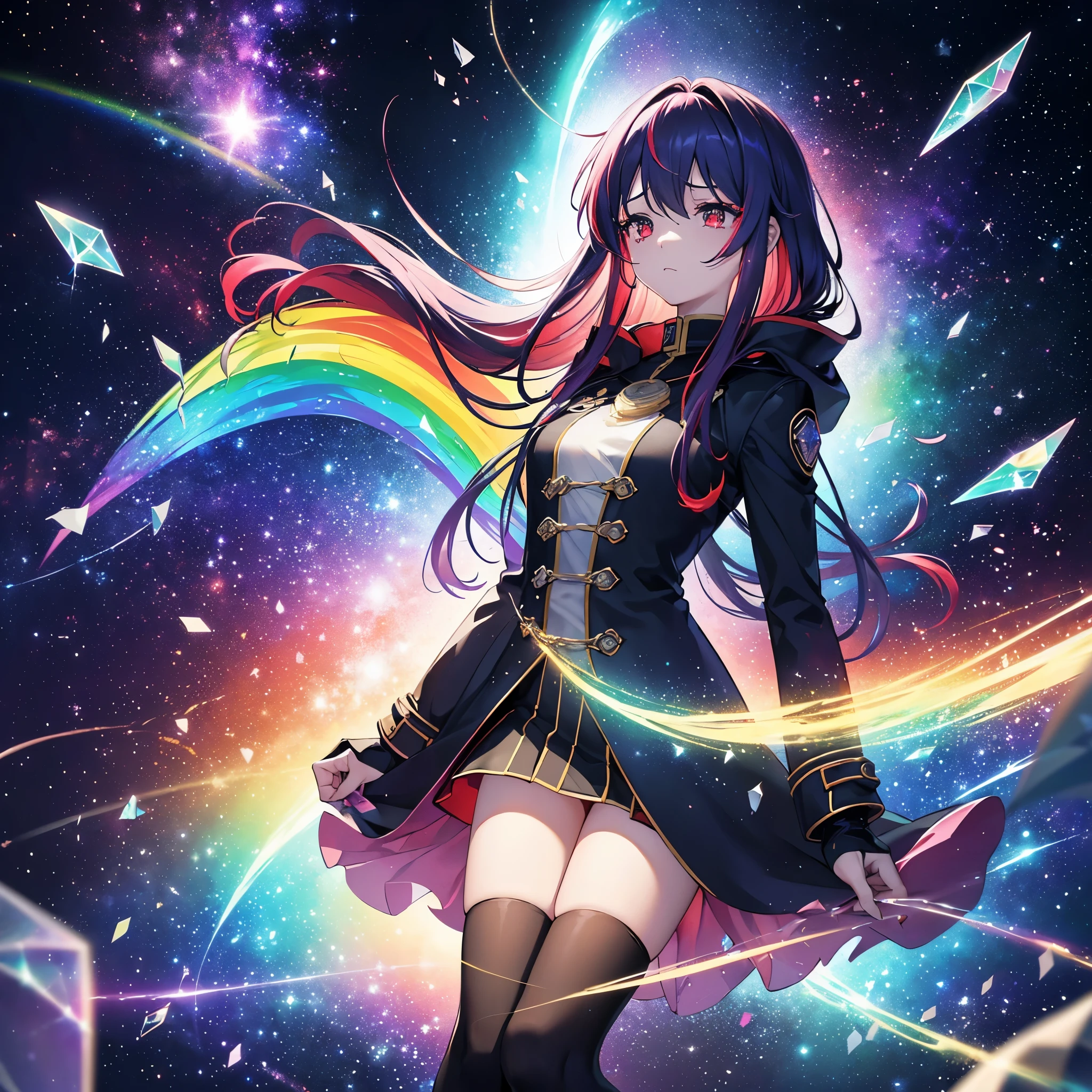 ((Fantasy　Rainbow Hair　Long Hair　Dull red eyes　Have a galaxy　uniform　Put on a coat without putting your arms through it　Lonely　despair))　((Tears　gloves))　(Broken glass　Distorted Space-Time　star　moon)　Catch the wind　fall　Shining Background　Particles of light, shining edges