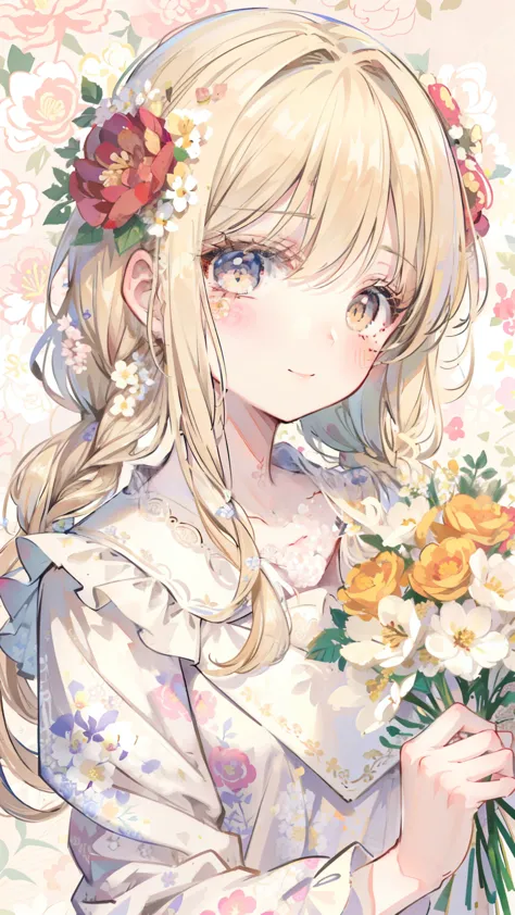 ((highest quality)), ((masterpiece)), (detailed), Perfect face girl,Light blonde hair,Long braided hair,holding a bouquet of lac...