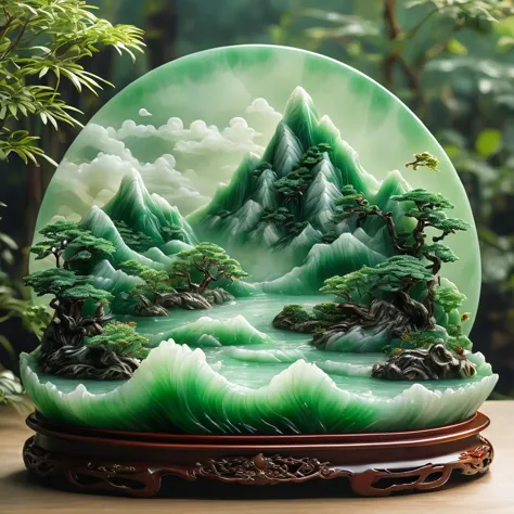 best quality, very good, 16K, ridiculous, Extremely detailed, Gorgeous mountain，Made of translucent jadeite, Background grasslan...