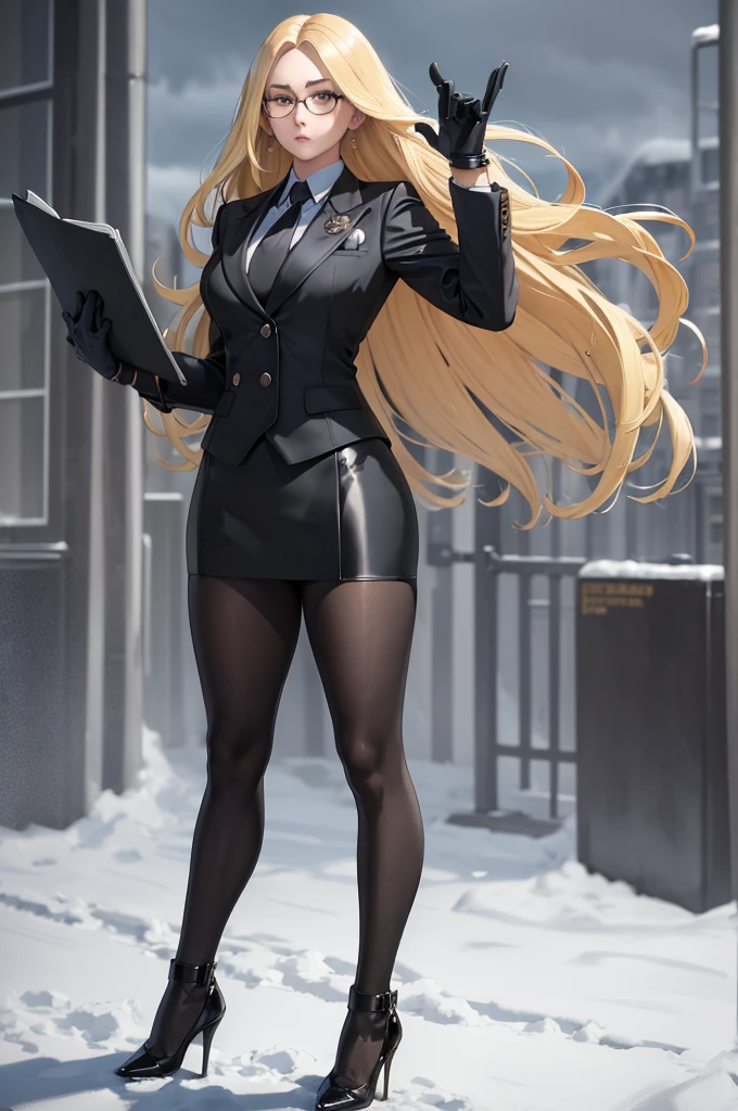 masterpiece, best quality, Blonde hair, Kolin, Glasses, Black shiny skirt suit, (((3-piece-suit))), tie, suit, suit, Vest, tight skirt, snow, Gray sky, Black gloves, Holding a clipboard, Looking at the audience, High heel