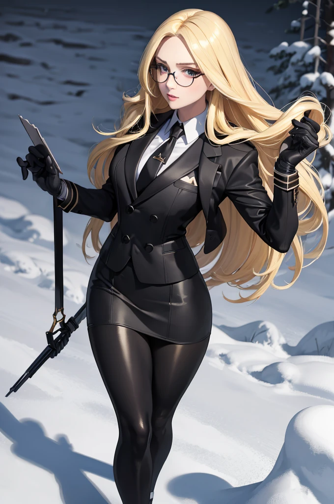 masterpiece, best quality, Blonde hair, Kolin, Glasses, Black shiny skirt suit, (((3-piece-suit))), tie, suit, suit, Vest, tight skirt, snow, Gray sky, Black gloves, Holding a clipboard, Looking at the audience, High heel