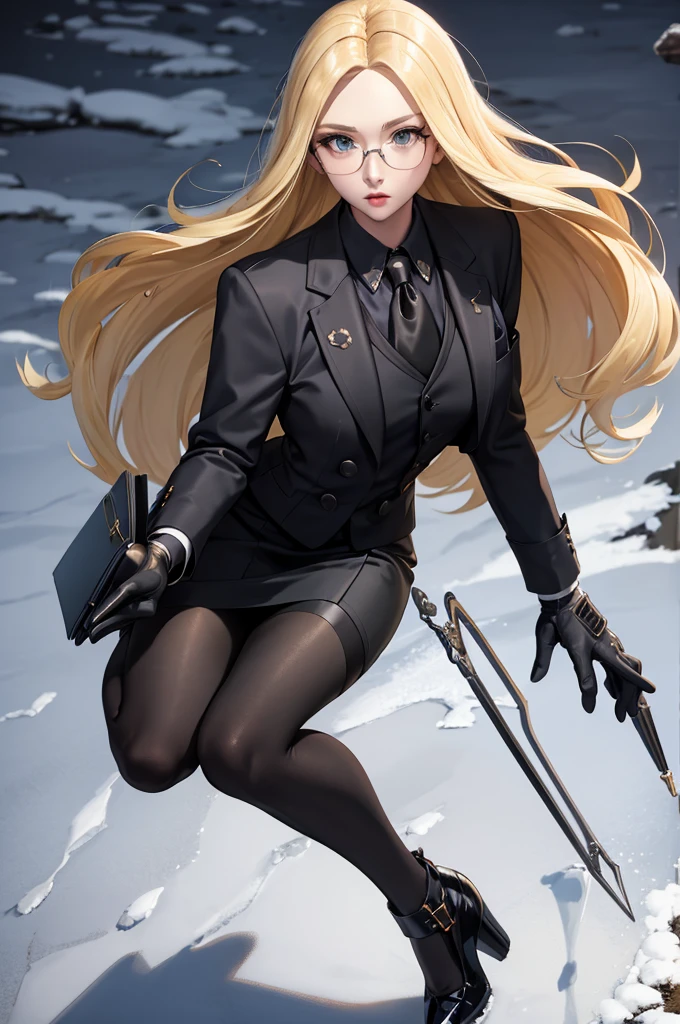 masterpiece, best quality, Blonde hair, Kolin, Glasses, Black shiny skirt suit, (((3-piece-suit))), tie, suit, suit, Vest, tight skirt, snow, Gray sky, Black gloves, Holding a clipboard, Looking at the audience, High heel