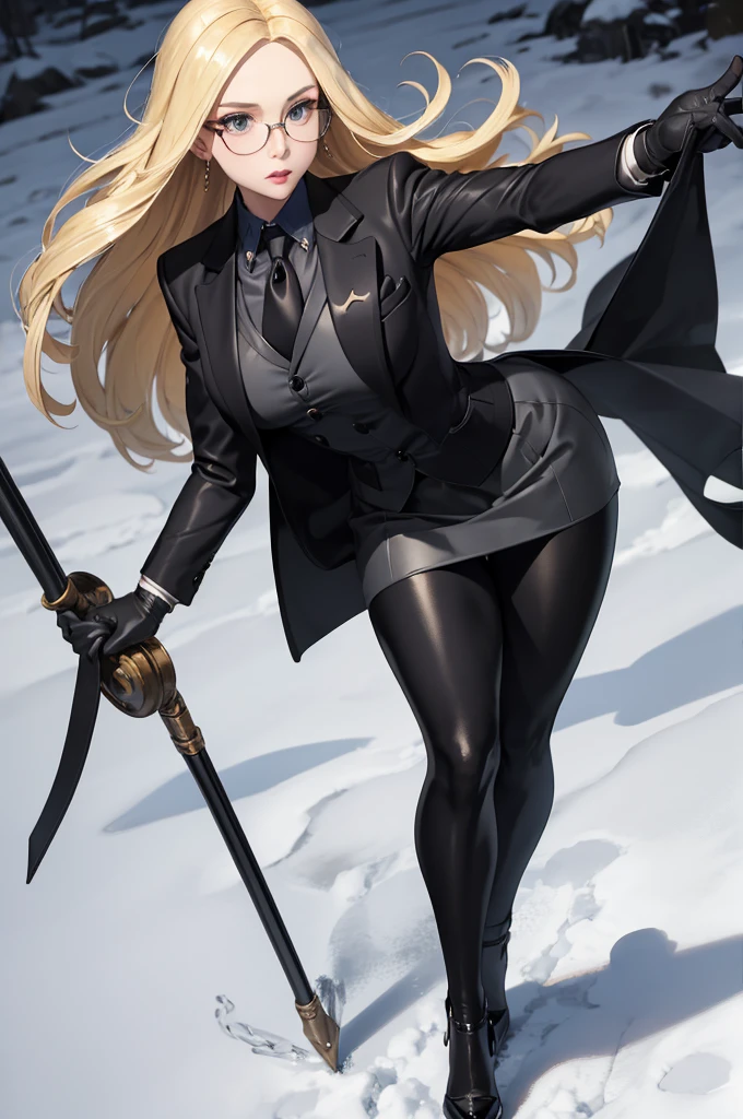 masterpiece, best quality, Blonde hair, Kolin, Glasses, Black shiny skirt suit, (((3-piece-suit))), tie, suit, suit, Vest, tight skirt, snow, Gray sky, Black gloves, Holding a clipboard, Looking at the audience, High heel