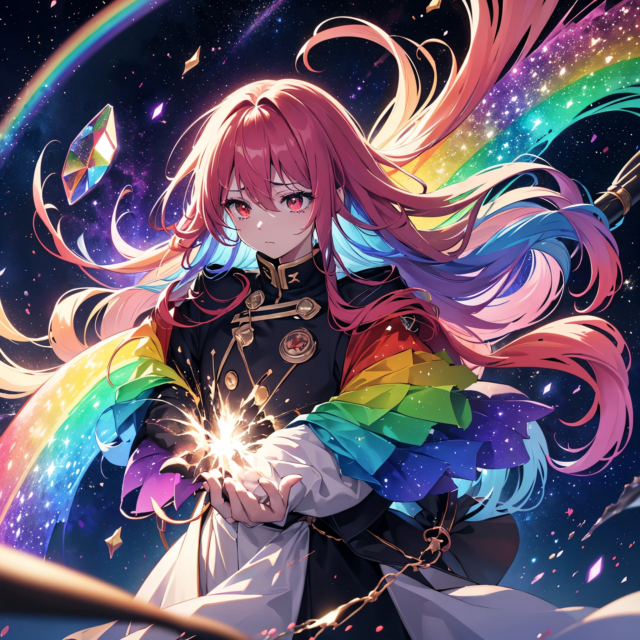 ((Fantasy　Rainbow Hair　Long Hair　Dull red eyes　Have a galaxy　uniform　Put on a coat without putting your arms through it　Lonely　despair))　((Tears　gloves))　(Broken glass　Distorted Space-Time　star)　Catch the wind　fall　Shining Background　Particles of light, rainbow-colored edges