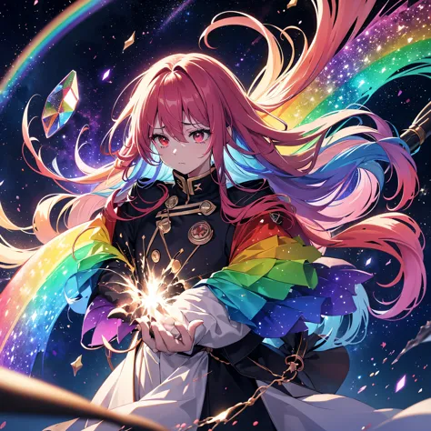 ((fantasy　rainbow hair　long hair　dull red eyes　have a galaxy　uniform　put on a coat without putting your arms through it　lonely　d...