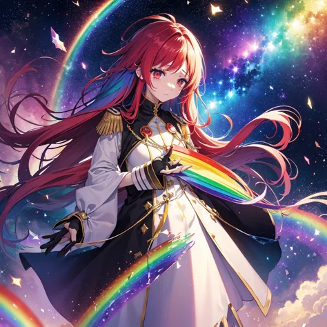 ((Fantasy　Rainbow Hair　Long Hair　Dull red eyes　Have a galaxy　uniform　Put on a coat without putting your arms through it　Lonely　d...