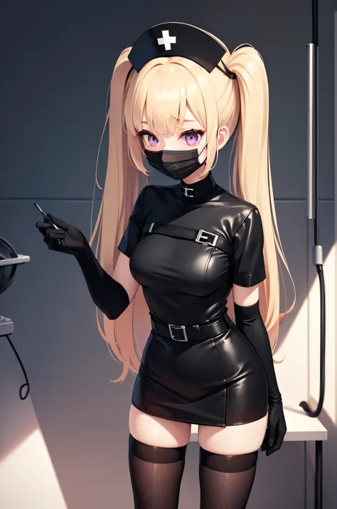 black nurse, 1girl, solo, black nurse cap, black nurse uniform, ((black legwear, zettai ryouiki)), black elbow gloves, twintails...