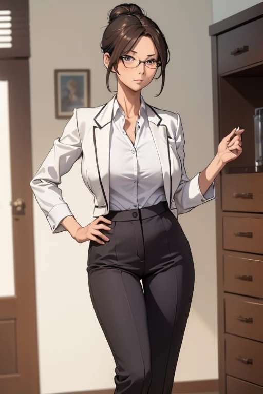 (masterpiece, best quality, detailed illustration, high resolution), ((1girl, solo)), ((huge breasts, slim waist, long legs, fit body, toned body)), ((brunette hair)), ((business suit, pants)), ((full body, closeup view)), ((standing)), ((looking at the viewer, facing the viewer)), office setting, ((tanned skin)), oiled skin, ((large breasts, mature woman, mature female, mature lady)), ((single hair bun)), (detailed eyes), ((standing)), ((good eyes, better eyes, expressive eyes)), (glasses)