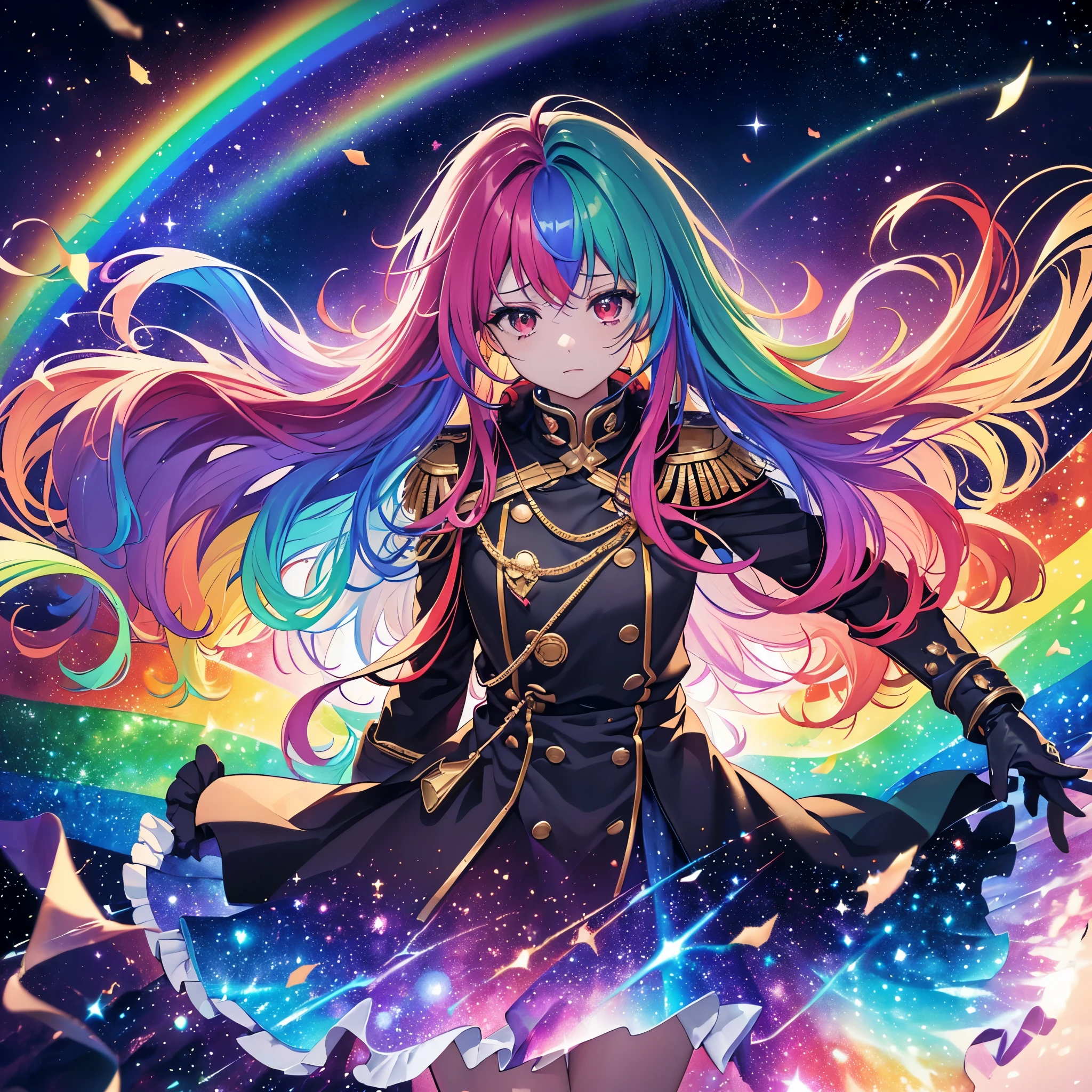 ((Fantasie　Regenbogenhaar　Verleihen Sie Ihrem Haar auf der Innenseite eine Regenbogenfarbe　lange Haare　Stumpfe rote Augen　Habe eine Galaxie　Uniform　Einen Mantel anziehen, ohne mit den Armen hindurchzustecken　Einsam　verzweifeln))　((Tränen　Handschuhe))　(Glasscherben　Verzerrte Raumzeit　Stern)　Fasse den Wind　fall　Leuchtender Hintergrund　Lichtteilchen, regenbogenfarbene Kanten