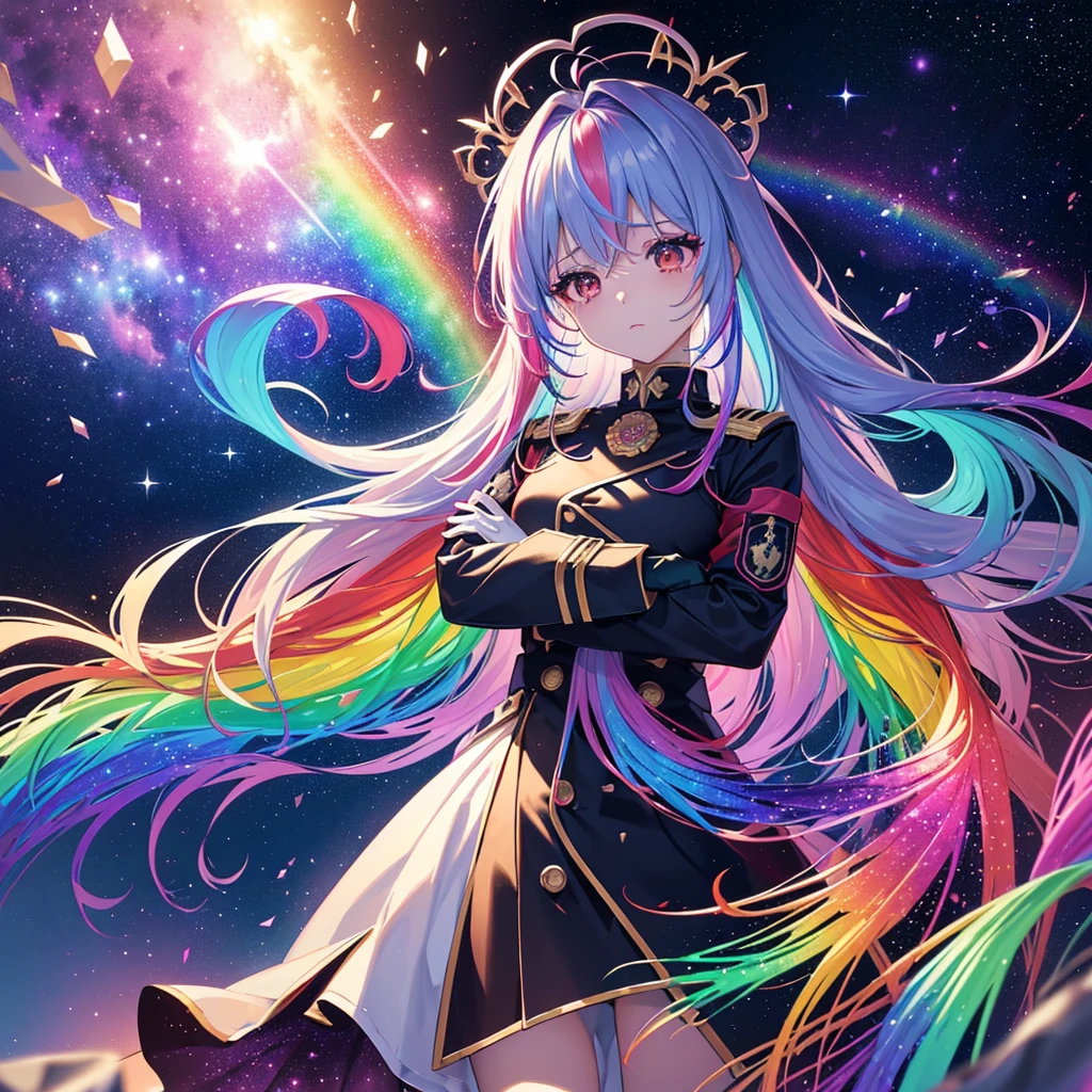 ((fantaisie　cheveux arc-en-ciel　Rendez vos cheveux de couleur arc-en-ciel à l&#39;intérieur　cheveux longs　Yeux rouges ternes　Avoir une galaxie　uniforme　Mettez un manteau sans y mettre les bras　Solitaire　désespoir))　((larmes　gants))　(verre brisé　Espace-temps déformé　étoile)　Attrape le vent　automne　fond brillant　particules de lumière, bords de couleur arc-en-ciel