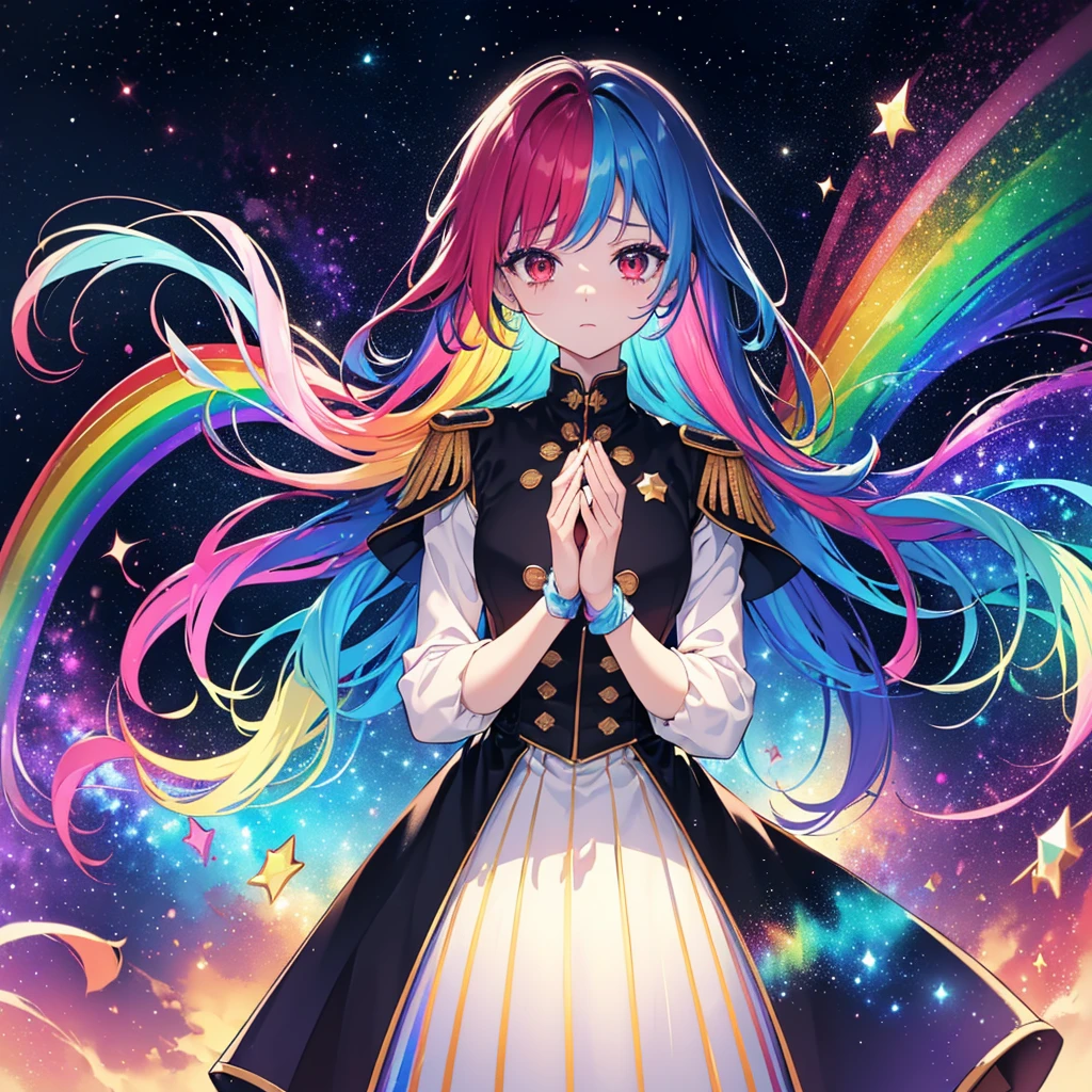 ((fantasía　pelo arcoiris　Haz que tu cabello tenga el color del arcoíris por dentro　pelo largo　ojos rojos apagados　tener una galaxia　uniform　Ponte un abrigo sin atravesarlo con los brazos.　solitario　desesperación))　((lágrimas　guantes))　(vidrio roto　Espacio-tiempo distorsionado　estrella)　atrapar el viento　caer　Fondo brillante　partículas de luz, bordes de colores del arco iris