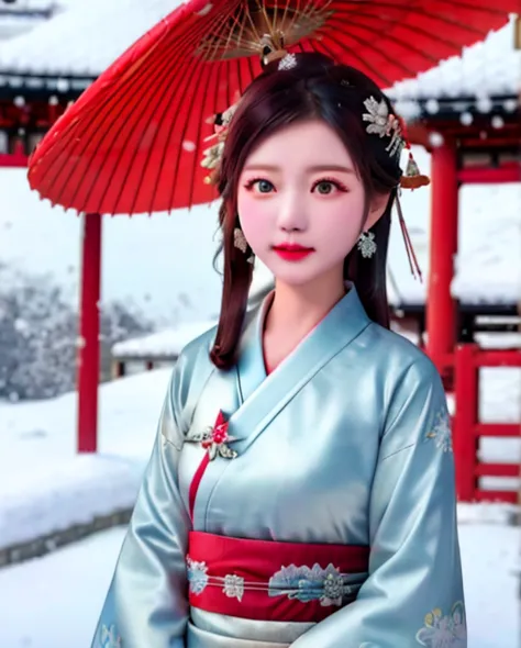 Japanese dress,flying fabric,wind blow,beautiful face,8k,snow fall,temple
