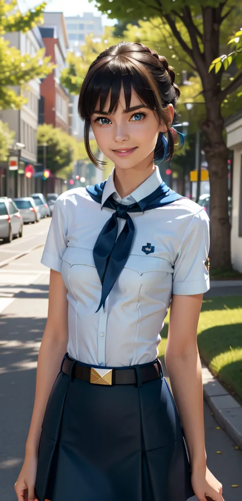 very young slim fit girl, full height, rounded face, big blue eyes, shy smile, perfect flat breast, pioneer neckerchief, micro t...