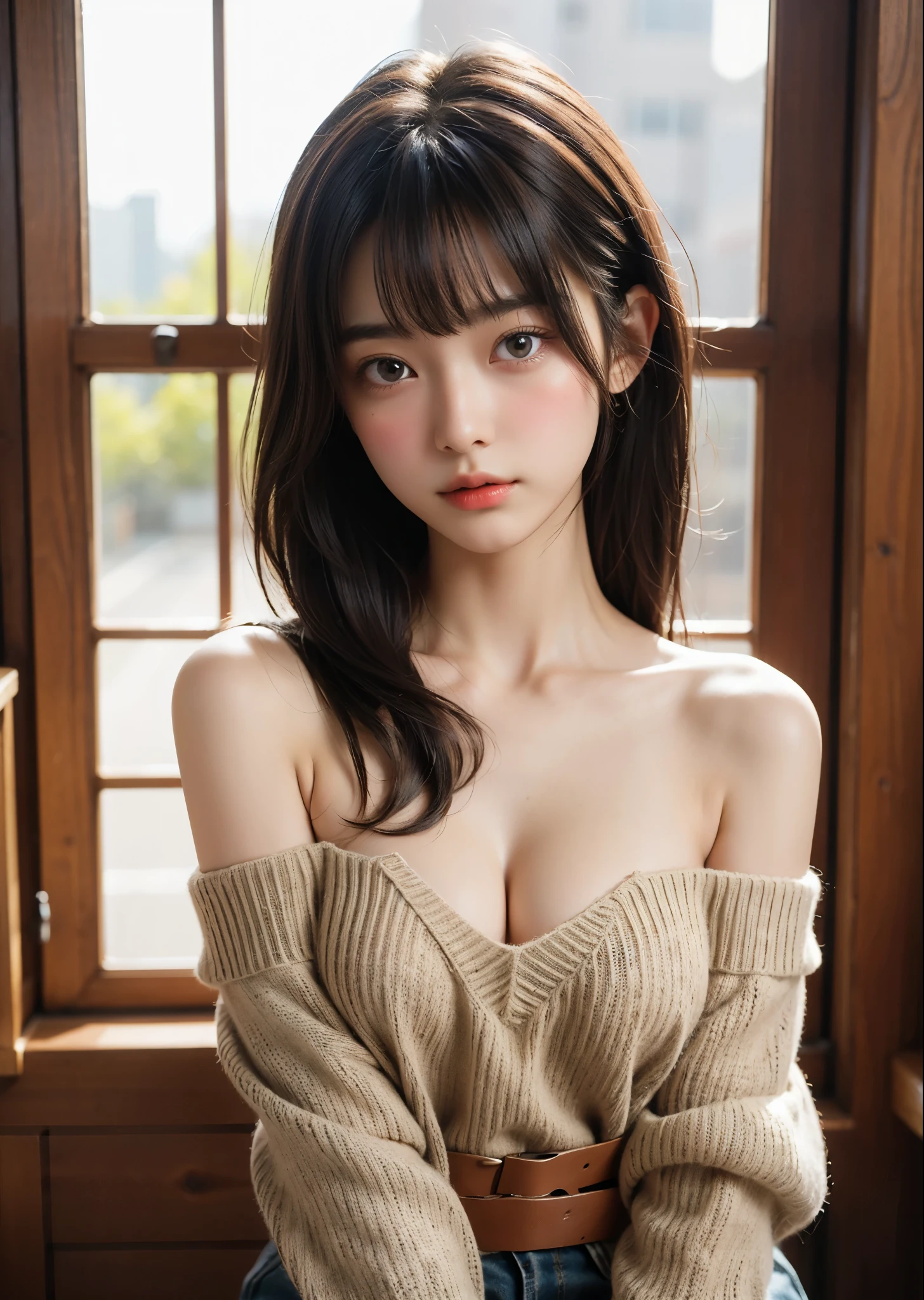 (((Waist up shot)))、(((Straight hair with brown bangs)))、(((On a light indoor background with wooden framed glass windows.)))、(((Lemon Chiffon off-shoulder sweater、Cleavage is not visible)))、very cute、Half Japan, Half Korean、18-year-old girl、Smooth Skin、Light eye makeup、Shiny, Ultra-realistic faces、Subtle lighting effects、 Ultra-Realistic Capture、Very detailed、High resolution 16K、Skin texture must be natural、skin is healthy、Even Tone、Use natural light and color、Worn out, High quality photos taken by modeling agencies